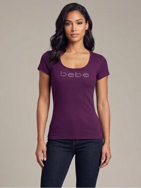 New Bebe Crystal logo scoop neck short sleeve Top Tee plum Color size M